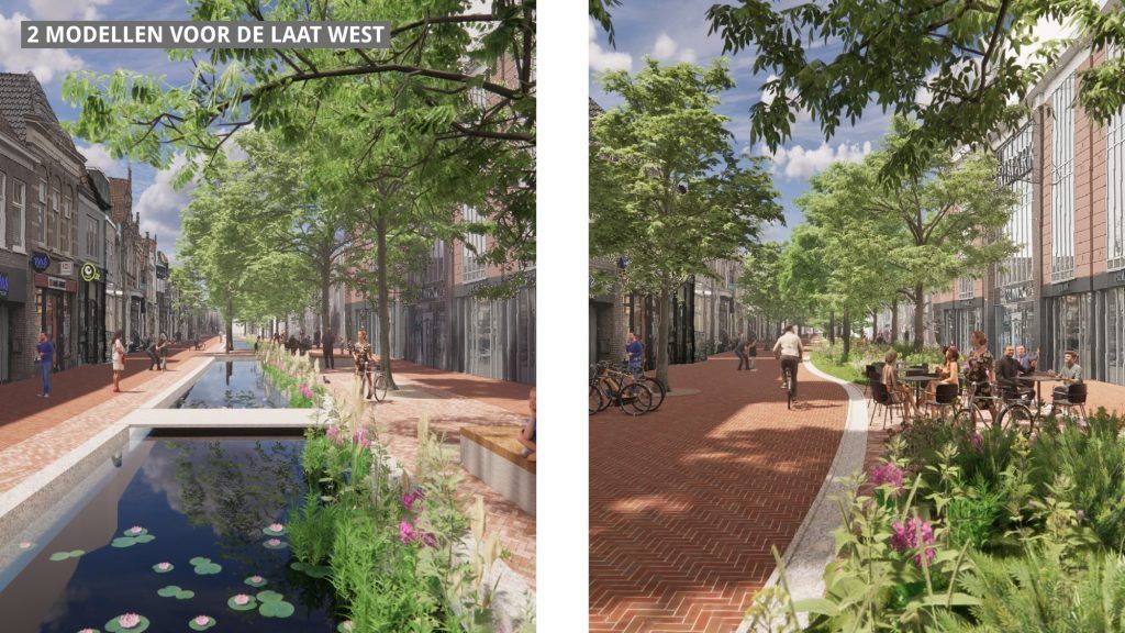 artist impression van 2 opties van vernieuwing Laat-West, een met water en 1 met groen