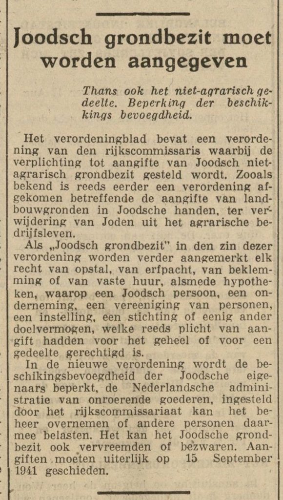 1.	Aankondiging van het aangeven van Joods onroerend goed in de Heldersche Courant in augustus 1941