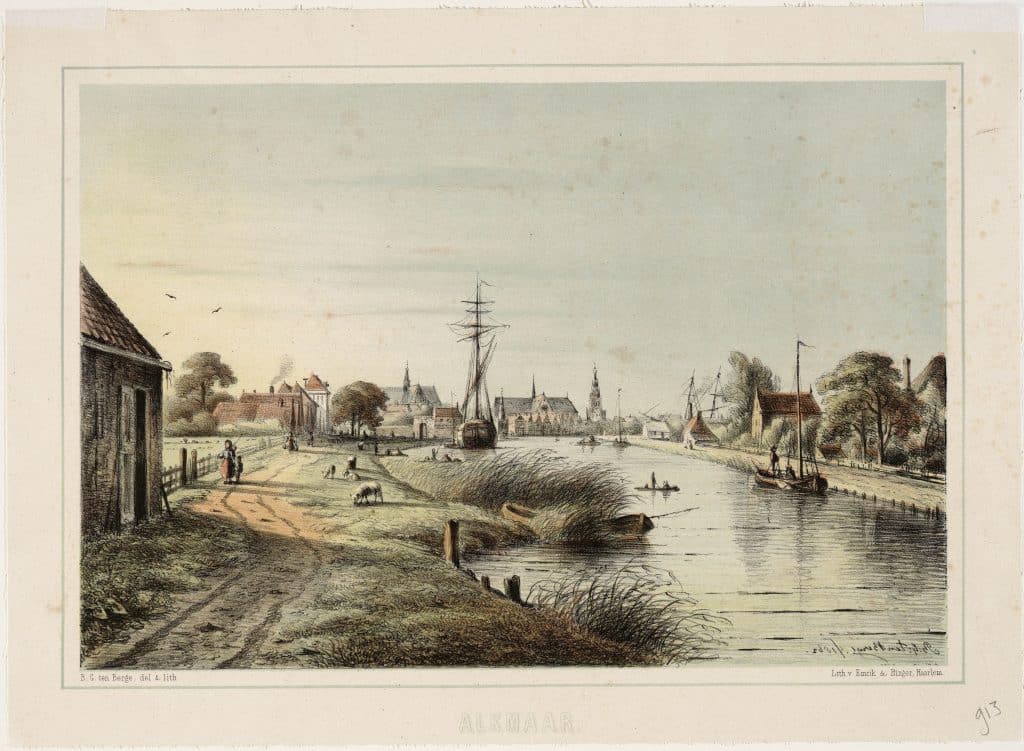 Een prent met daarop het kanaal afgebeeld. Uitzicht op het kanaal vanaf het Zeglis in Alkmaar.