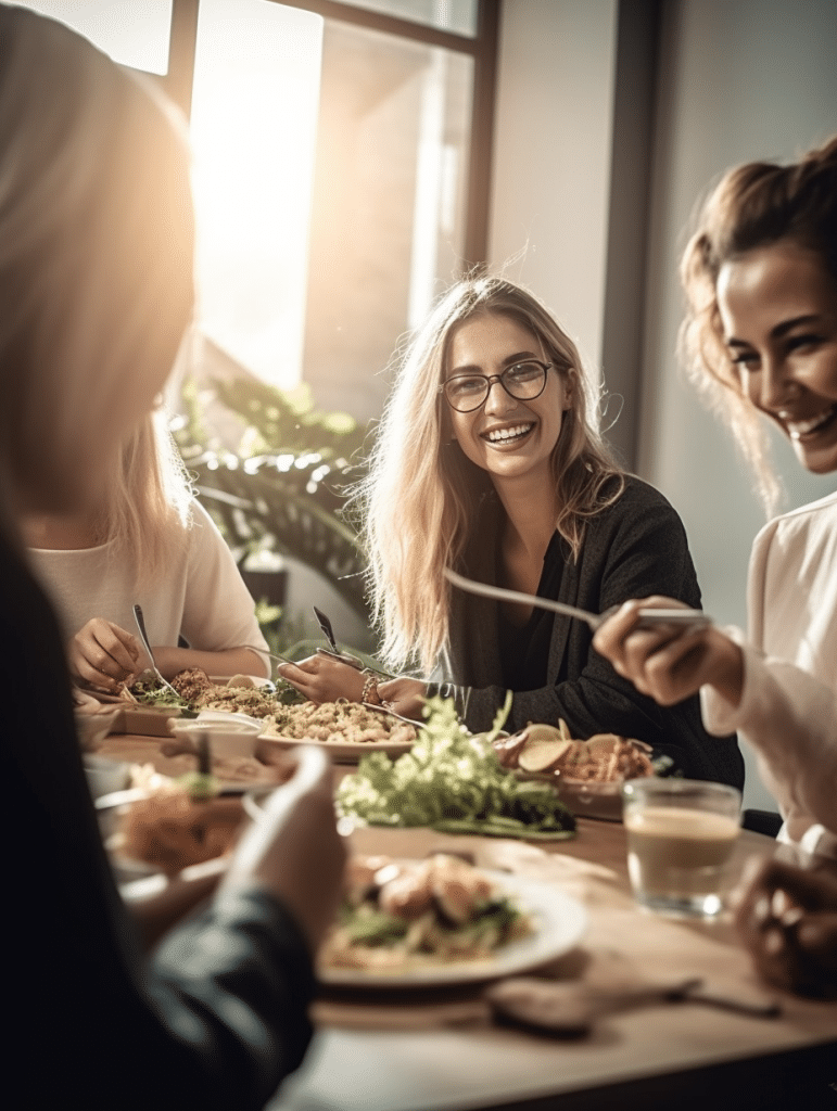 Vrouwen in een restaurant met eten op tafel
