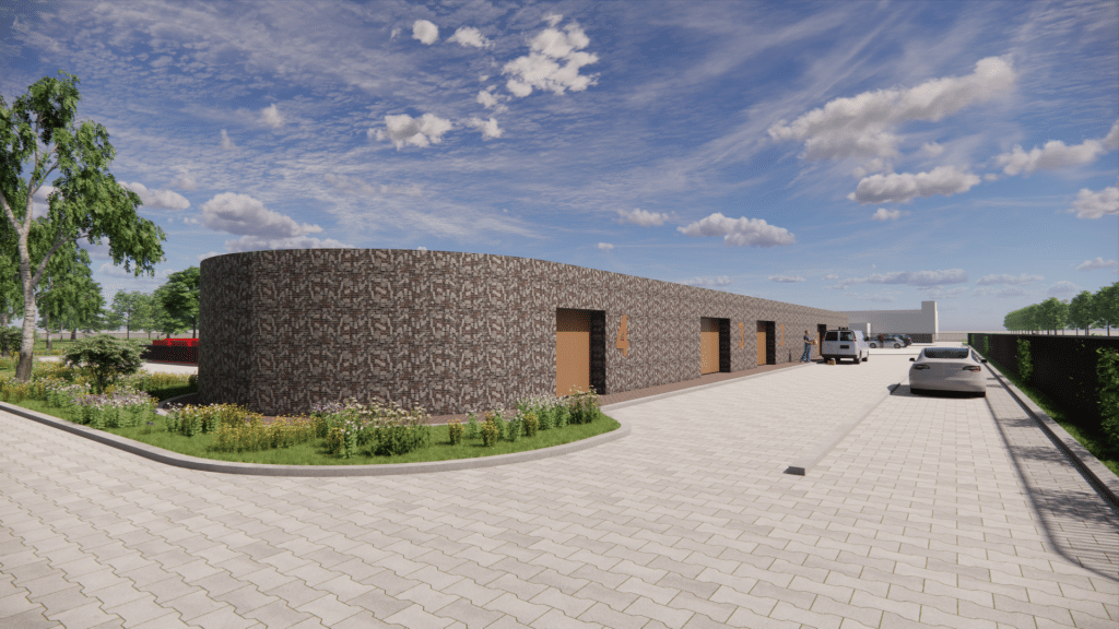 Ontwerptekening van het nieuwe gebouw op het recycleplein aan de Diamantweg in Alkmaar. Gebouw met auto's en mensen die spullen inleveren.