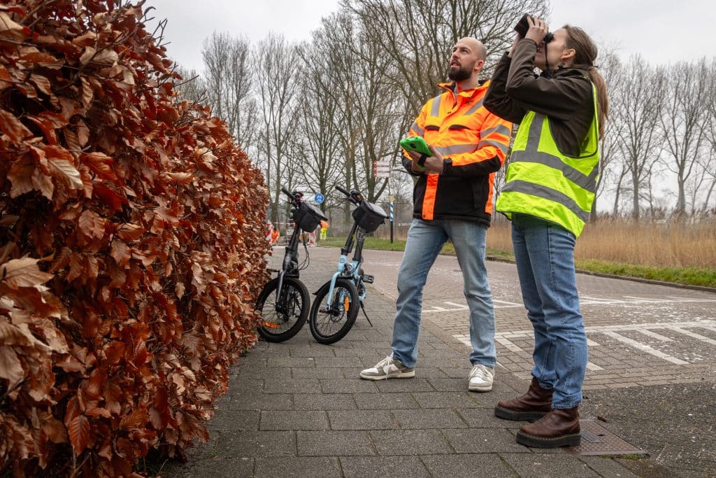 Twee onderzoekers/ecologen van Bureau Endemica kijken met een verrekijker vanaf de stoep of er beschermde vleermuis- en/of vogelsoorten bij een woning te zien zijn. 