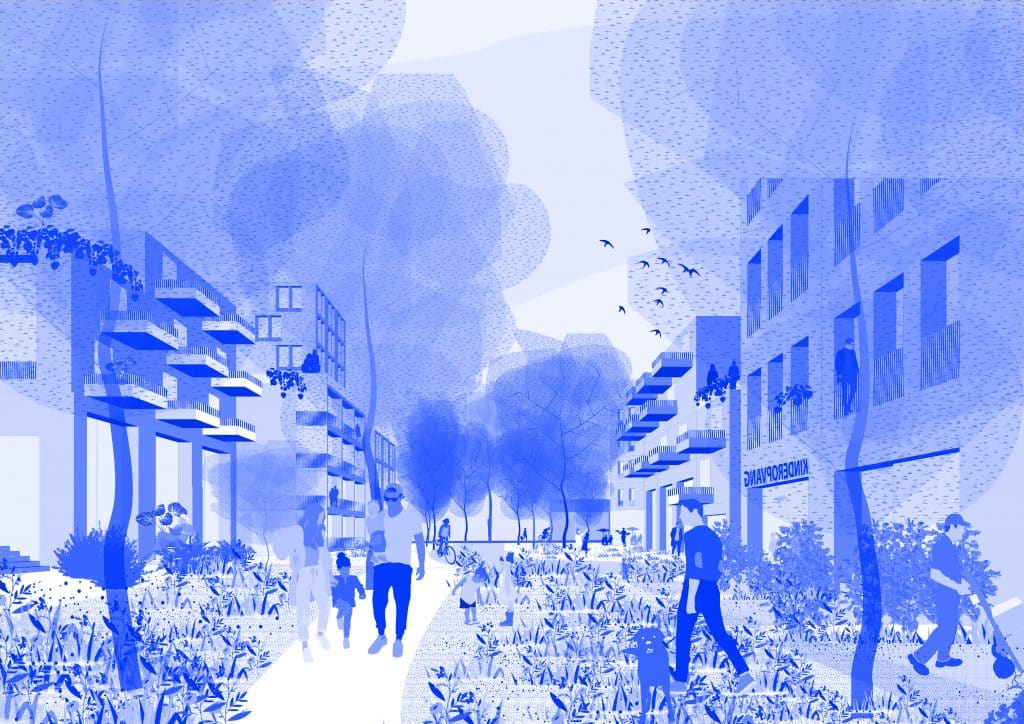 Illustratie van een straat met twee gebouwen, groen en wandelende mensen