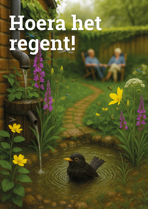 Kleine regenwatervijver in een tuin met erin een merel en eromheen bloemen.