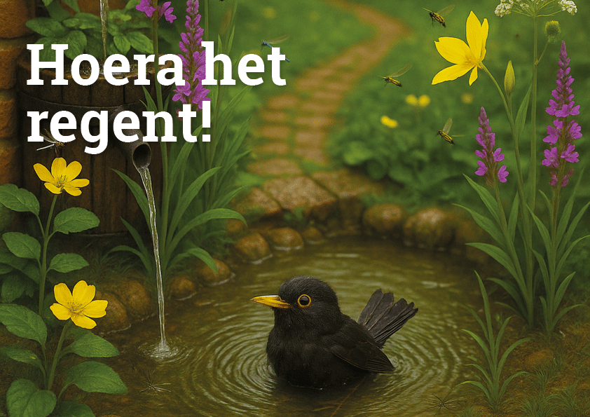 Kleine regenwatervijver in een tuin met erin een merel en eromheen bloemen.
