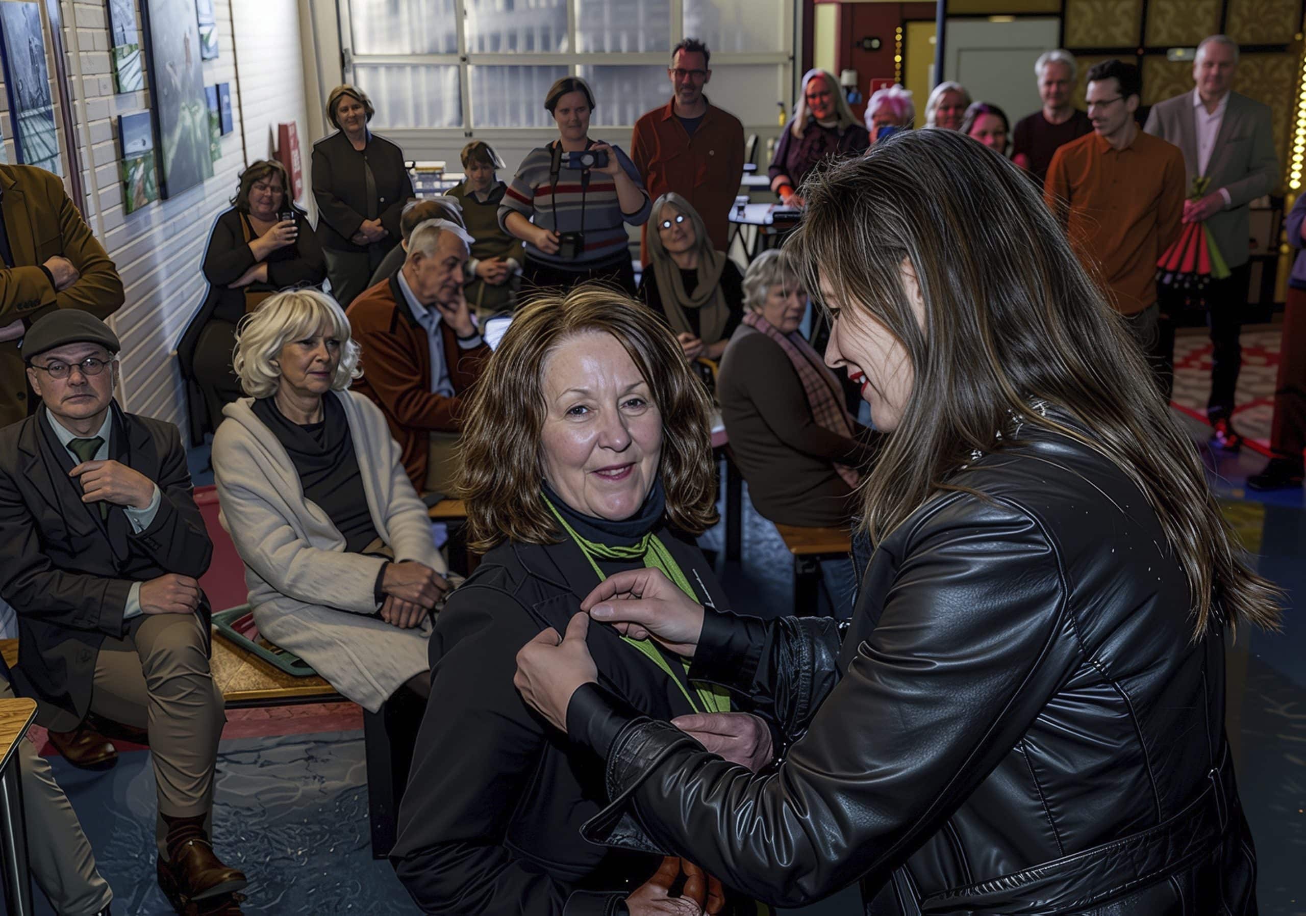 Marja Vleugel van het Grafisch Atelier Alkmaar krijgt een ere-insigne opgespeld door burgemeester Anja Schouten. Op de achtergrond zitten en staan mensen die naar dit moment kijken.