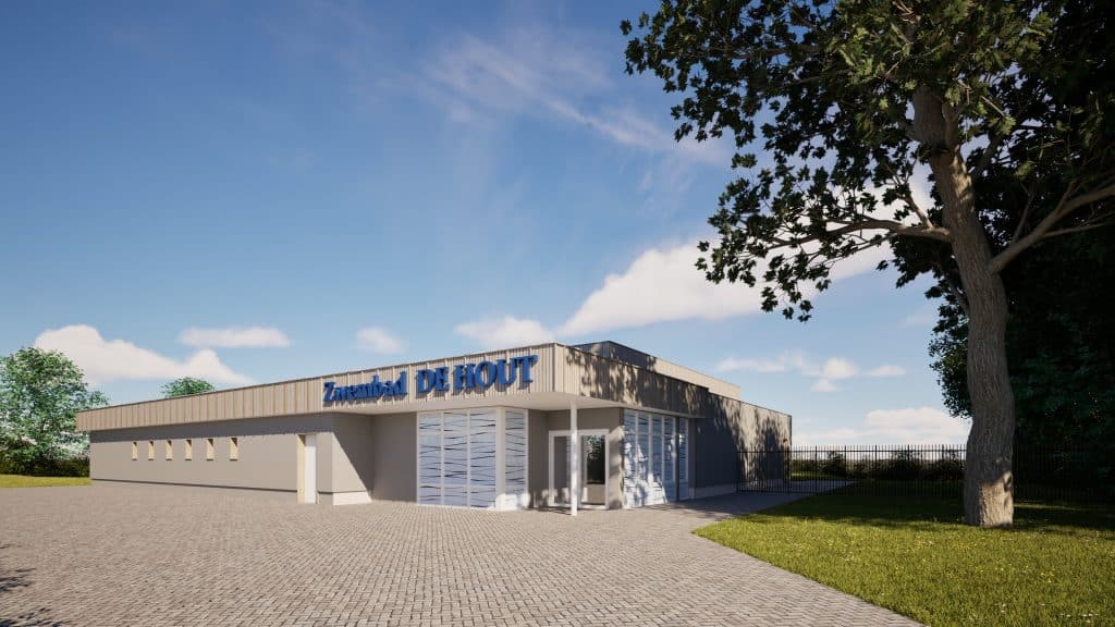 Ontwerp van de buitengevel van Zwembad de Hout: een zandkleurige gevel met de ingang rechts. Daarboven de naam Zwembad De Hout. Op de voorgrond een boom.